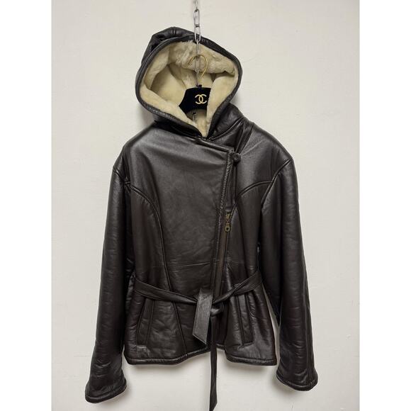 Wilsons Leather Jacket Womens Small Hooded Faux Shearling Belted Coat - Picture 6 of 12